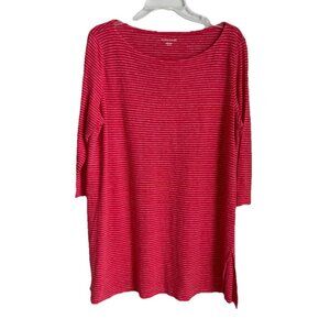 Eileen Fisher Coral Striped Organic Linen 3/4 Sleeve Boat Neck Tunic Top